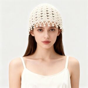 Crochet Beanie Faux Pearl Tassels - Cream